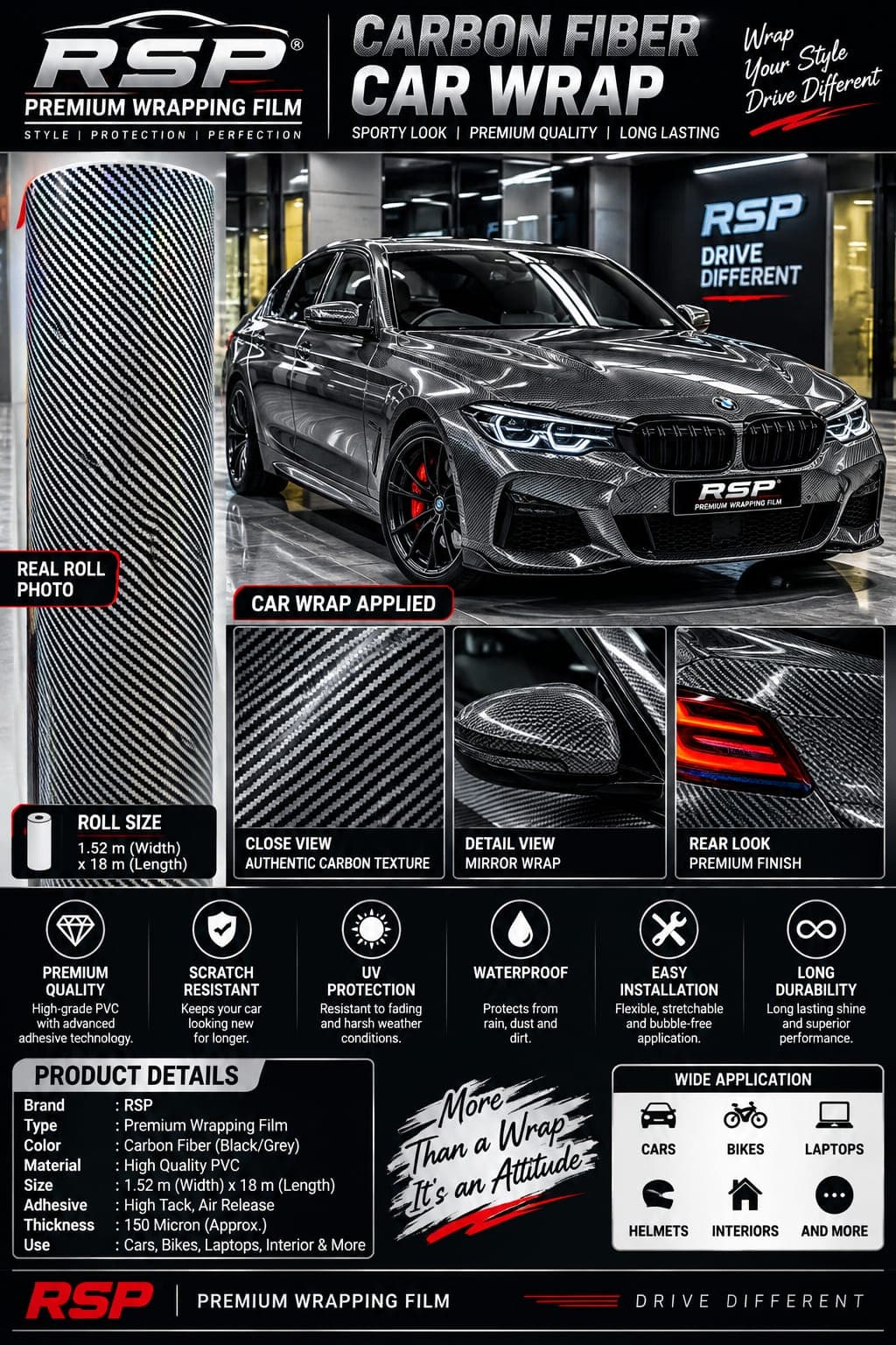Carbon fiber car wrap with textured weave detail and roll photo