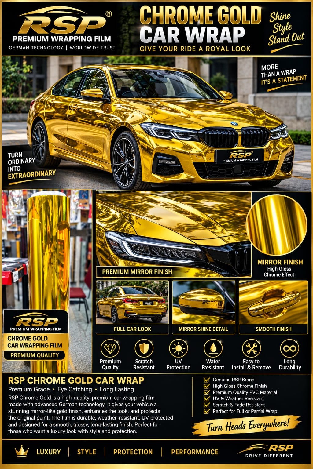 Chrome gold wrapped luxury car — Raju Stickers