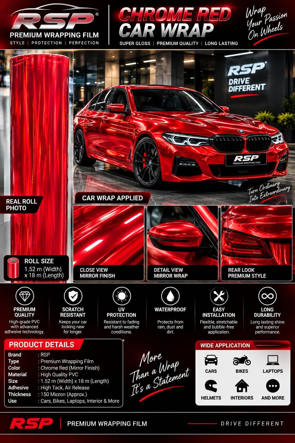 Chrome red mirror finish car wrap product showcase