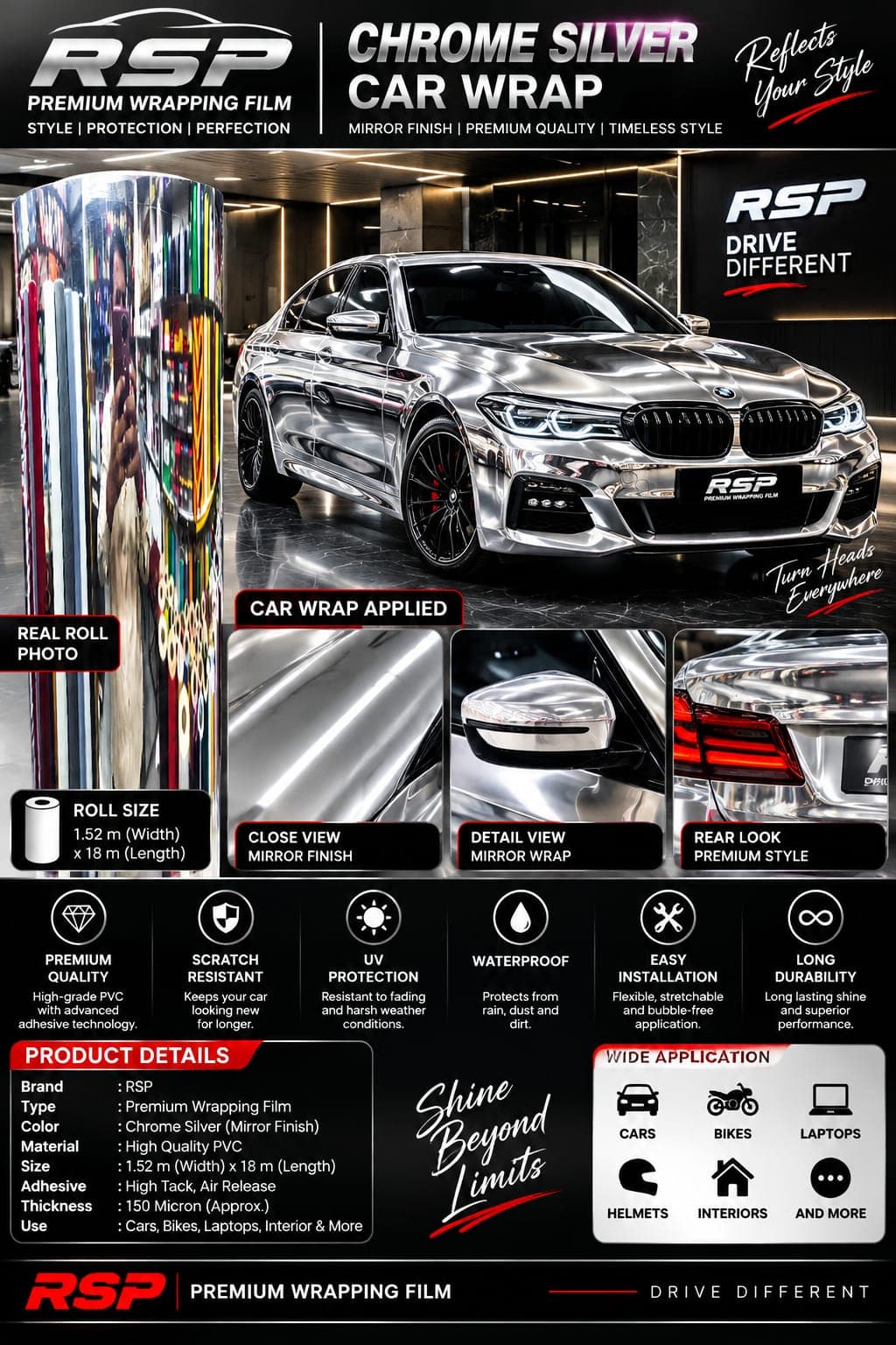 Chrome silver mirror finish car wrap on luxury sedan