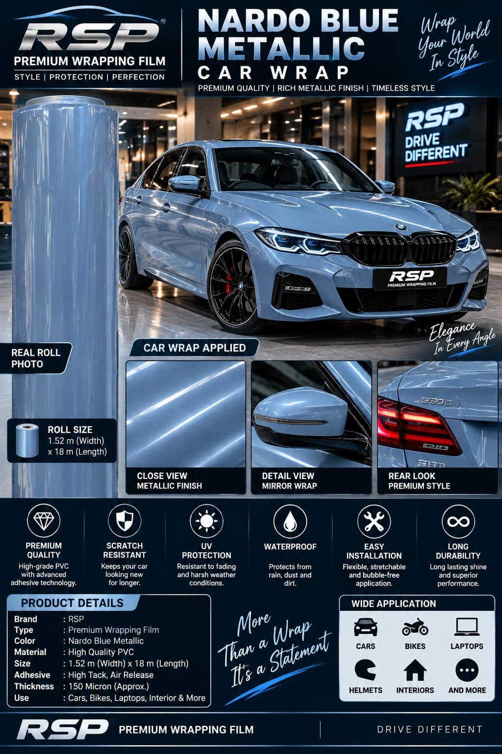 Nardo blue metallic car wrap on sedan in modern showroom