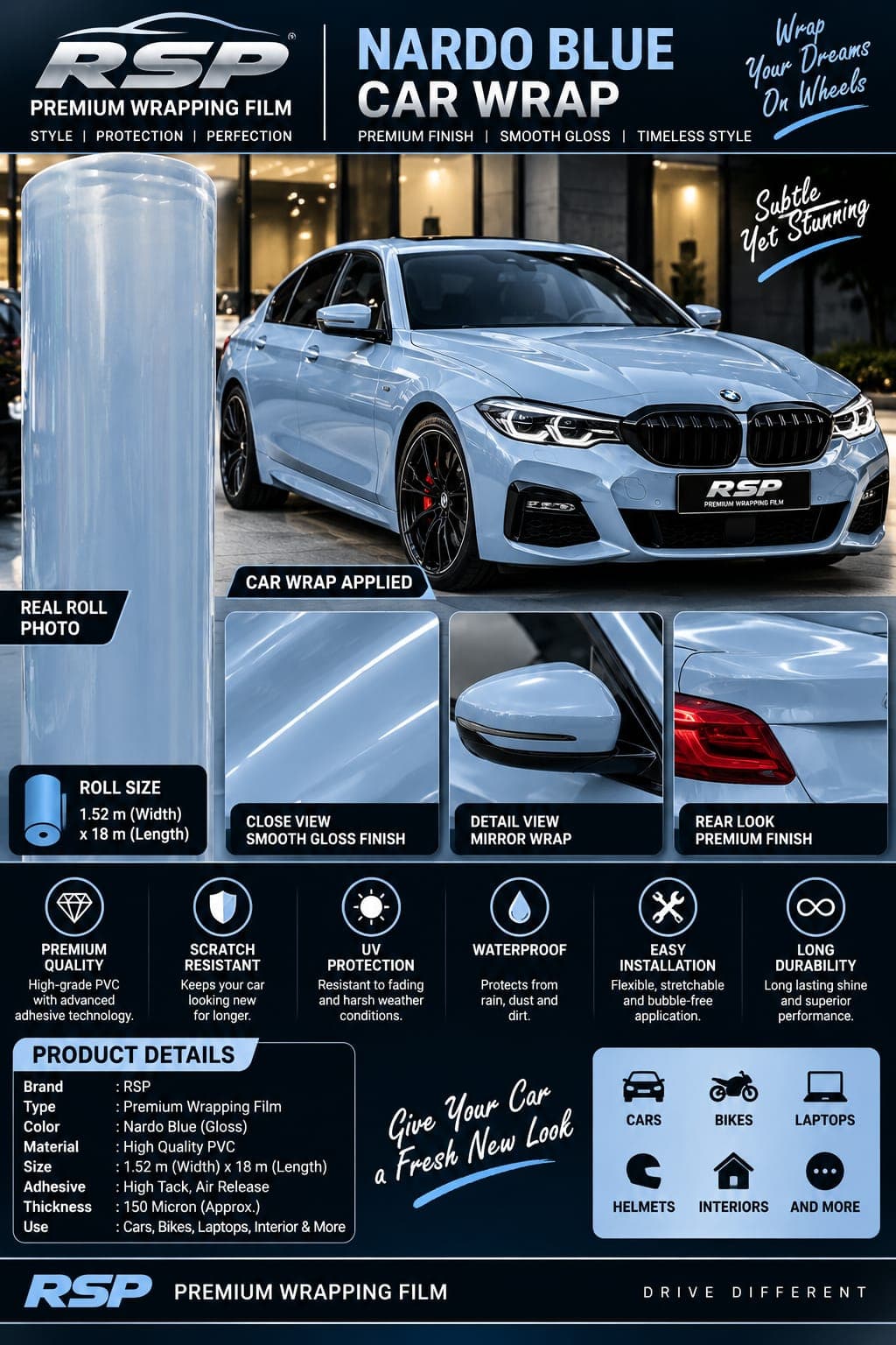 Nardo blue gloss car wrap on BMW-style sedan